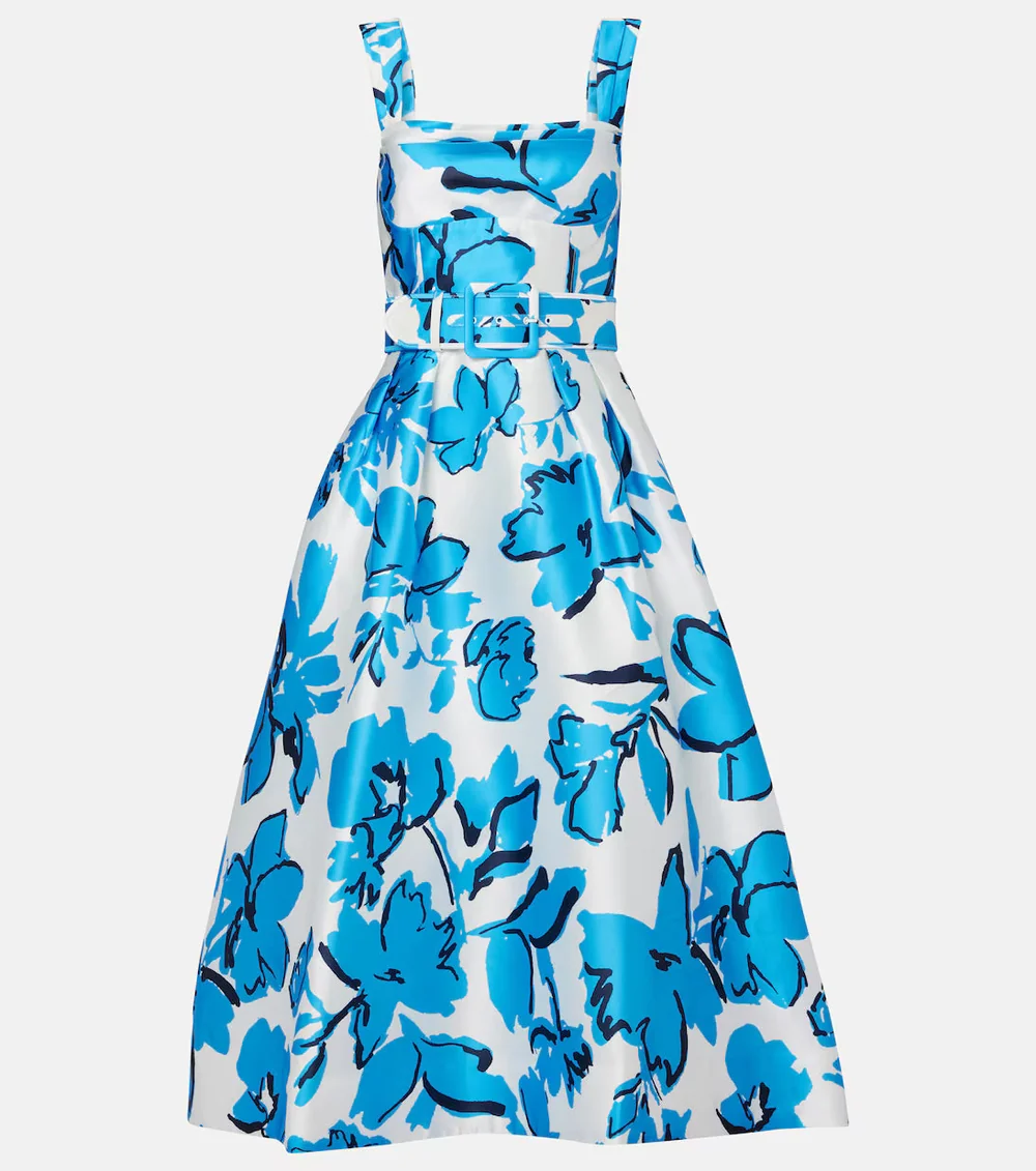 Blue Floral Belted Midi Dress